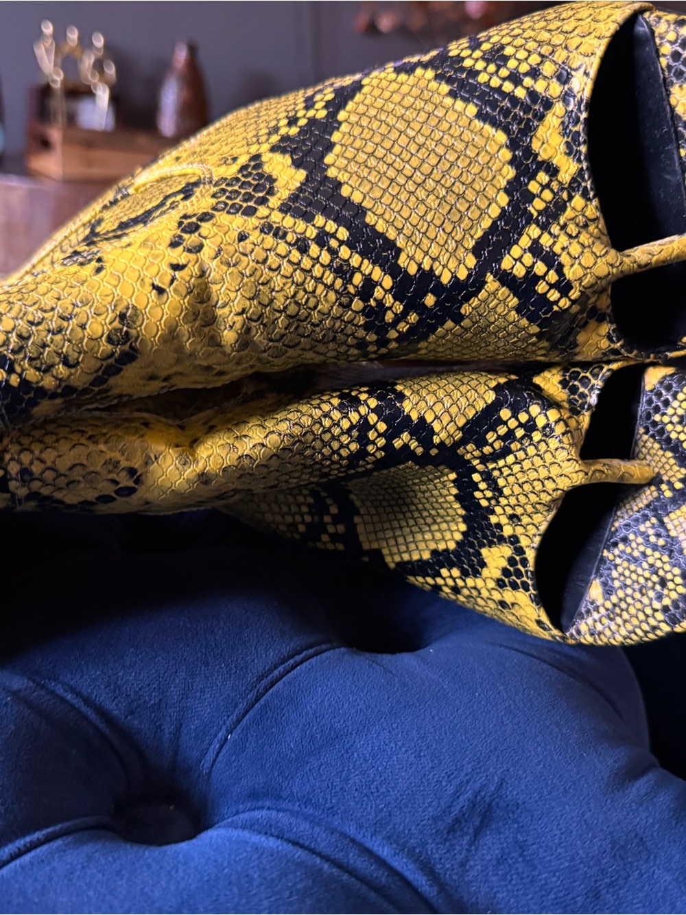 Yellow Snake-Print Open-Toe Heeled Boots - Picture 6 of 8